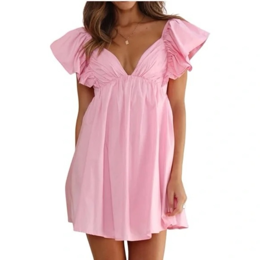 Pink Flutter Sleeve Babydoll Dress